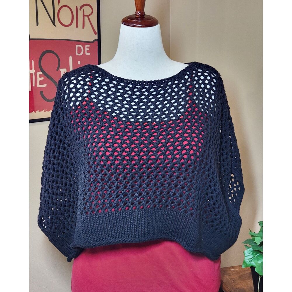 Torrid Open Weave Crochet Sweater M/L Poncho Top Black Slouchy Crop 00/0 Boho